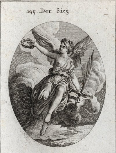 勝利の寓意。翼を持ち、ヤシの木と月桂樹の花輪を持っています。Iconologie oder Ideen aus dem Gebiet der Leidenschaften and Allegorien bildich dargestellt for Zeichner, Mahler, Dichter, Gelehrte, Erzieher and freunde Hoherer Gesch」でのエングレーヴィング。 作： Austrian School