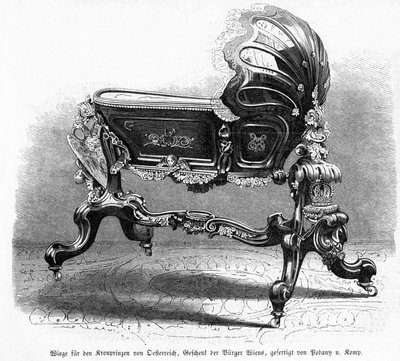 オーストリア皇太子のベビーベッド、ライプツィガーイルストリルツァイトゥングのイラスト、1859年（木製彫刻） 作： Austrian School