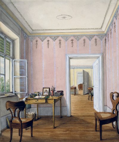 ビーダーマイヤー様式のインテリア、1840年頃、水彩画、オーストリア 作： Austrian School