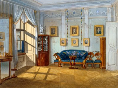 ビーダーマイヤー様式の応接室、1830年頃、水彩画、オーストリア 作： Austrian School