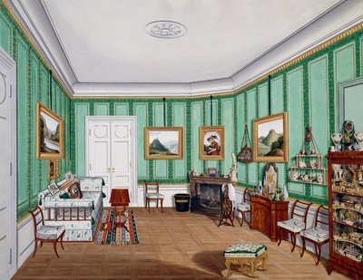 ビーダーマイヤー様式の部屋、1850年頃、水彩画、オーストリア 作： Austrian School