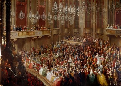 皇室を招いてのウィーンでのコンサート。18世紀のオーストリア派の絵画。ショーンブルン城 作： Austrian School