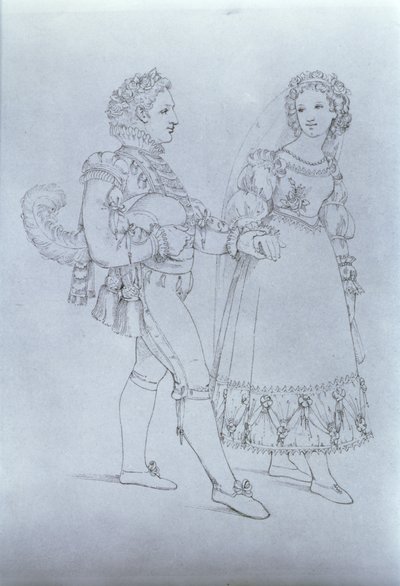 オペラ「フィガロの結婚」のヴォルフガング・アマデウス・モーツァルト（1756-91）によるフィガロとスザンナの衣装デザイン（彫刻） 作： Austrian School