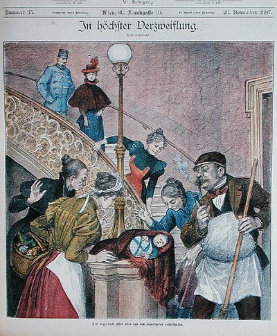 団地の階段に捨てられた赤ん坊を描いたオーストリアの雑誌の表紙（1897年11月28日）（カラーリトグラフ 作： Austrian School