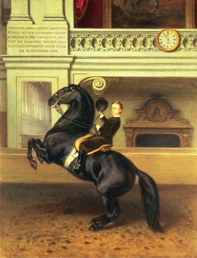 1870年にウィーンのホーフブルク冬の乗馬学校で乗馬したオーストリアのルドルフ皇太子（1858-89年） 作： Austrian School