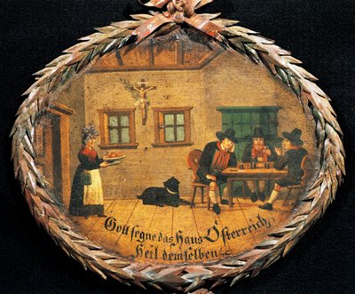 宿屋のテーブルに座る客とウェイトレス、宿屋の楕円形の看板、オーストリア 作： Austrian School