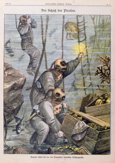 教会の海賊に略奪された宝物を発見したダイバー、1897年 作： Austrian School