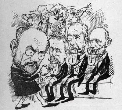 エミール・ゾラは、ジャン・カシミール・ペリエ（1847-1907）、フェリックス・フォール（1841-1899）、ジュール・メリーヌ（1838-1925）の3人の大統領の口を塞ぐ鍵を開けようとしているが、その背後では、アンリ・ロシュフォール（1831-1913）がコムに 作： Austrian School