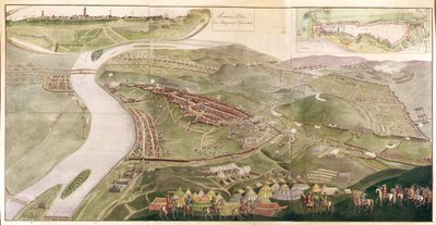 ブダの捕獲を描いた地図、1686（カラー彫刻） 作： Austrian School