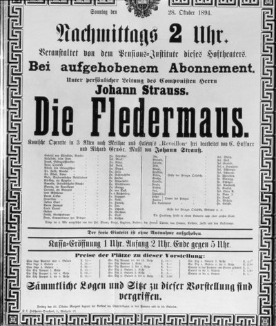 1894年10月28日、ウィーン国立歌劇場での公演のためのヨハンシュトラウスザヤンガーによる「Die Fledermaus」の広告ポスター（リソ） 作： Austrian School