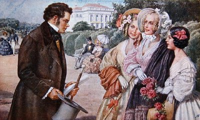 「Das Dreimaederlhaus」(「3 人の少女の家」) のシーンで、シューベルトと 3 人の Tscholl 姉妹が描かれています。 作： Austrian School