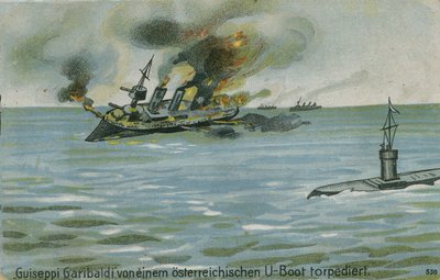 1915年7月18日、第一次世界大戦、オーストリアの潜水艦U-4によるイタリアの巡洋艦ジュゼッペガリバルディの沈没 作： Austrian School