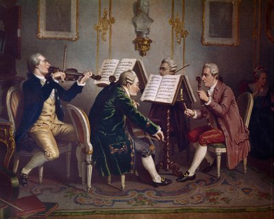モーツァルトの作品を演奏する弦楽四重奏団（室内楽）（石版画 作： Austrian School