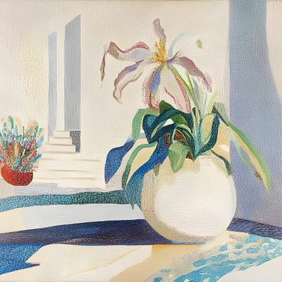 鉢植えのユリと階段 作： 