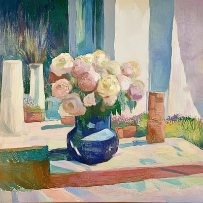 日差しの差し込む窓辺の花 作： 