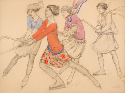 ホッケー・オン・ザ・アイス（紙に水彩とインクで鉛筆） 作： Averil Mary Burleigh