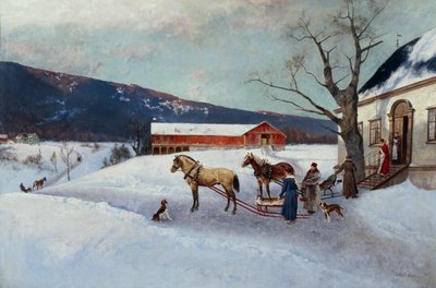 ファームヤードからのそり乗り（キャンバスに油彩） 作： Axel Hjalmar Ender