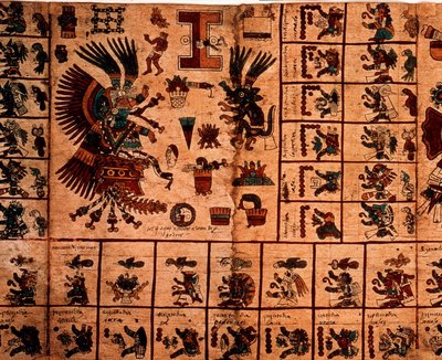アステカの神々と暦に対応する箱を表現したもの。15世紀後半、メキシコ中央部のプレコロムビアの土着写本「ボルボニカス写本」の樹皮に描かれたアステカの写本のページ。国民議会図書館（パレ・ブルボン）。 作： Aztec