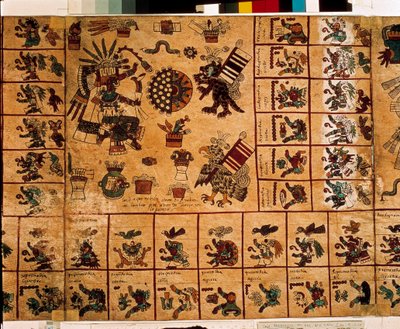 アステカの神々と暦に対応する箱を表現したもの。15世紀後半、メキシコ中央部のプレコロムビアの土着写本「ボルボニカス写本」の樹皮に描かれたアステカの写本のページ。国民議会図書館（パレ・ブルボン）。 作： Aztec