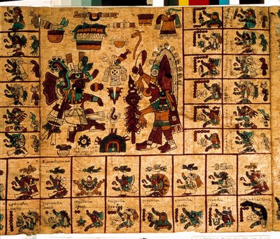 アステカの神々と暦に対応する箱を表現したもの。15世紀後半、メキシコ中央部のプレコロムビアの土着写本「ボルボニカス写本」の樹皮に描かれたアステカの写本のページ。国民議会図書館（パレ・ブルボン）。 作： Aztec