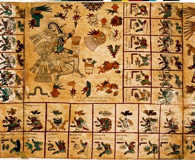 アステカの神々と暦に対応する箱を表現したもの。15世紀後半、メキシコ中央部のプレコロムビアの土着写本「ボルボニカス写本」の樹皮に描かれたアステカの写本のページ。国民議会図書館（パレ・ブルボン）。 作： Aztec