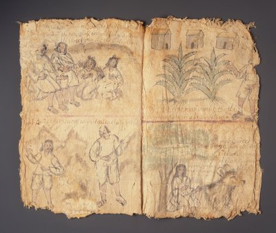 Techialoyan Codex、コヨーテペックCoyonazco、メキシコ（顔料と紙にインク） 作： Aztec