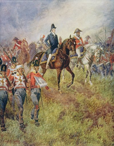 1815年のウォータールーの戦いでのウェリントン、「ザホールラインウィルアドバンス」は、サーエブリンウッド（1838-1919）が編集した「陸と海でのイギリスの戦い」1915年 作： B. Granville Baker