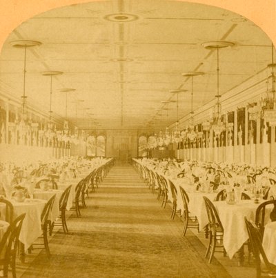 ダイニングホール、グランドユニオンホテル、サラトガ、世界最大のダイニングホール、1882年。 作： B. W. Kilburn
