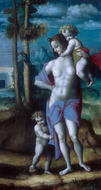 イヴとカインとアベル、1520 年代。 作： Bacchiacca