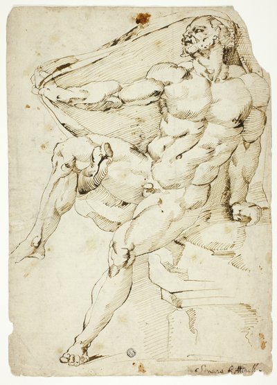 ネッソスのローブを持つヘラクレスを表すアカデミックな男性ヌード（レクトと裏面） 作： Baccio Bandinelli