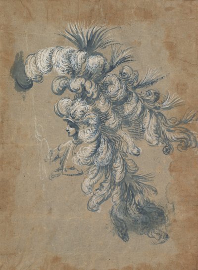 羽飾りをあしらった豪華な頭飾りのデザイン。 1620-56 。 作： Baccio del Bianco
