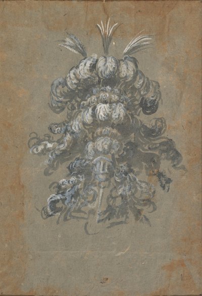 ヘルメットの正面図に羽をあしらった贅沢な頭飾りのデザイン 1620-56 。 作： Baccio del Bianco
