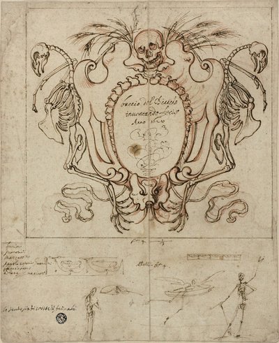 碑文と骸骨のスケッチと装飾の詳細が描かれた葬儀のカルトゥーシュ 作： Baccio del Bianco