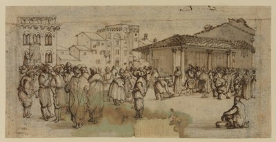フィレンツェの市場広場、人物像 (チョーク、ペン、インク、ウォッシュ オン ペーパー) 作： Baccio del Bianco