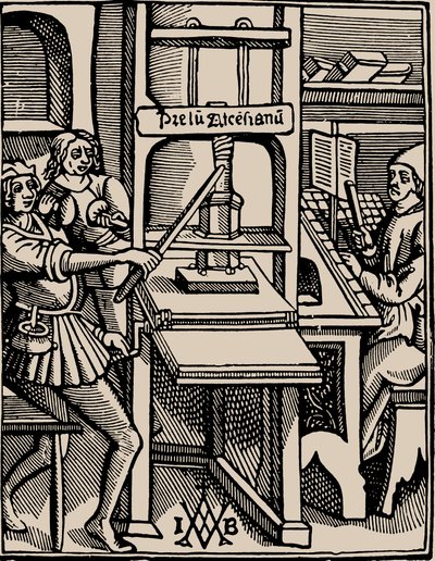 Prelum Ascensianum: 印刷機が作動しているプリンターの装置、1508年。 作： Badius