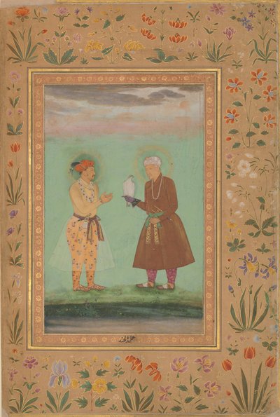 Jahangir と彼の父、Akbar、Shah Jahan Album の Folio、verso: ca. 1630年 作： Balchand