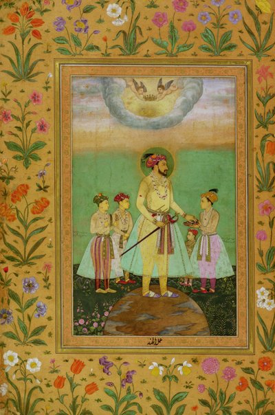 シャージャハン（1592-1666）、ミントアルバムの4人の子供に囲まれた大きな地球に立つ 作： Balchand