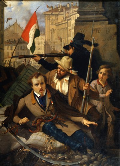 リソルジメント。ミラノの5日間（Cinque giornate di Milano）（1848年3月18日〜22日）：これは1848年の革命（第一次イタリア独立戦争の一部）の最初のエピソードのひとつで、ミラノの人々が反乱を起こしたことを示している。 作： Baldassare Verazzi