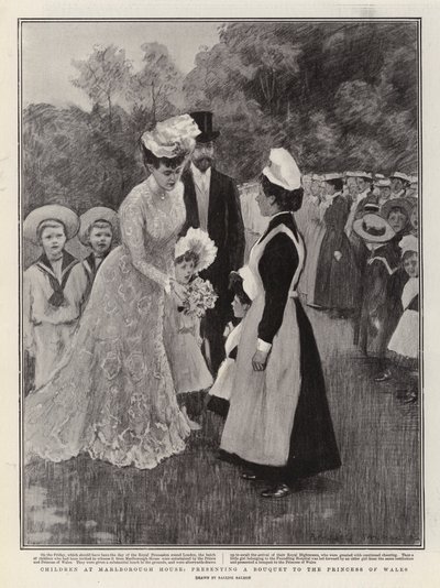 皇太子妃に花束を贈るマールボロ・ハウスの子供たち（リトグラフ） 作： Balliol (after) Salmon