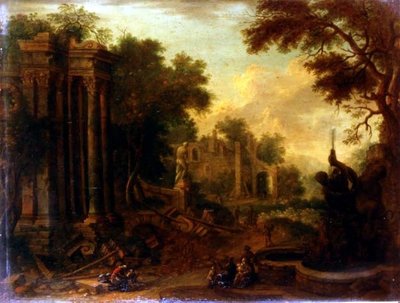 古典的な遺跡のそばで旅人が休んでいる森の風景（1組のうちの1組 作： Balthasar (circle of) Beschey