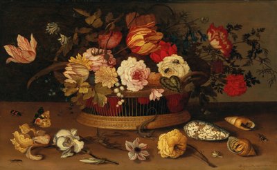石の棚の上に花や貝殻を乗せた籐のかご。 作： Balthasar van der Ast