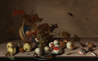 枝編み細工品バスケット、ムール貝、蝶のある果物の静物画、17 世紀前半。 作： Balthasar van der Ast
