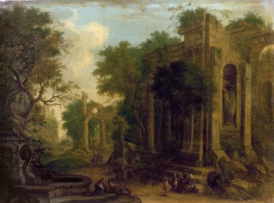 古典的な遺跡で休憩する旅行者のいる森の風景 作： Balthasar Beschey