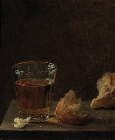 テーブルの上のビールとパンのグラス 作： Balthasar Denner