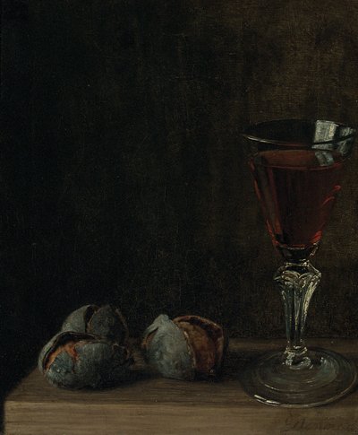 テーブルにクルミとワインのグラス 作： Balthasar Denner