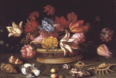 花のバスケットと貝のある台座（油彩パネル） 作： Balthasar van der Ast