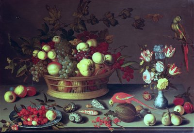 ブドウなどの果物を入れたバスケット（油彩・パネル 作： Balthasar van der Ast
