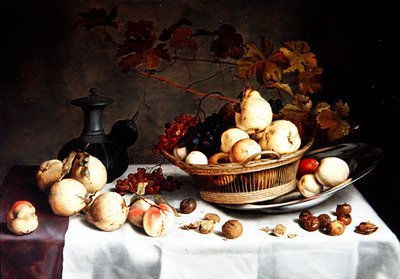 バスケットに入ったキンセンカとその他の果物やオブジェの静物画（油彩・パネル） 作： Balthasar van der Ast
