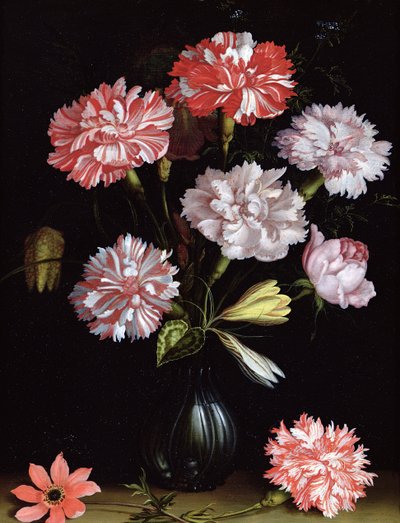 花の研究：花瓶のカーネーション（パネルに油彩） 作： Balthasar van der Ast