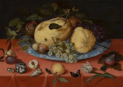 ムール貝とチューリップのある果物のある静物。 1620 作： Balthasar van der Ast